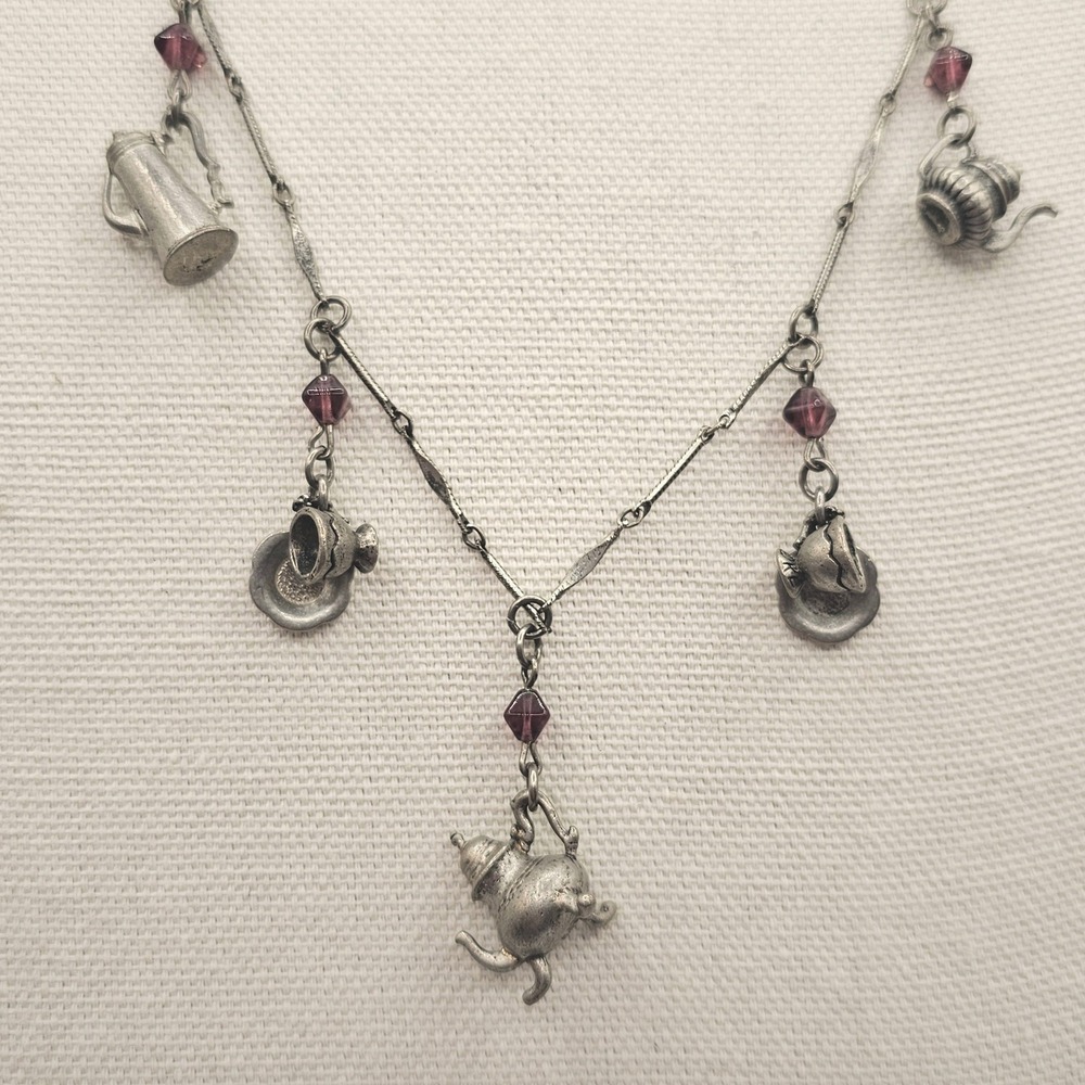 Tea Party Mini Charm Necklace Silver Tone Sweet Romance Purple Beads Whimsical‎